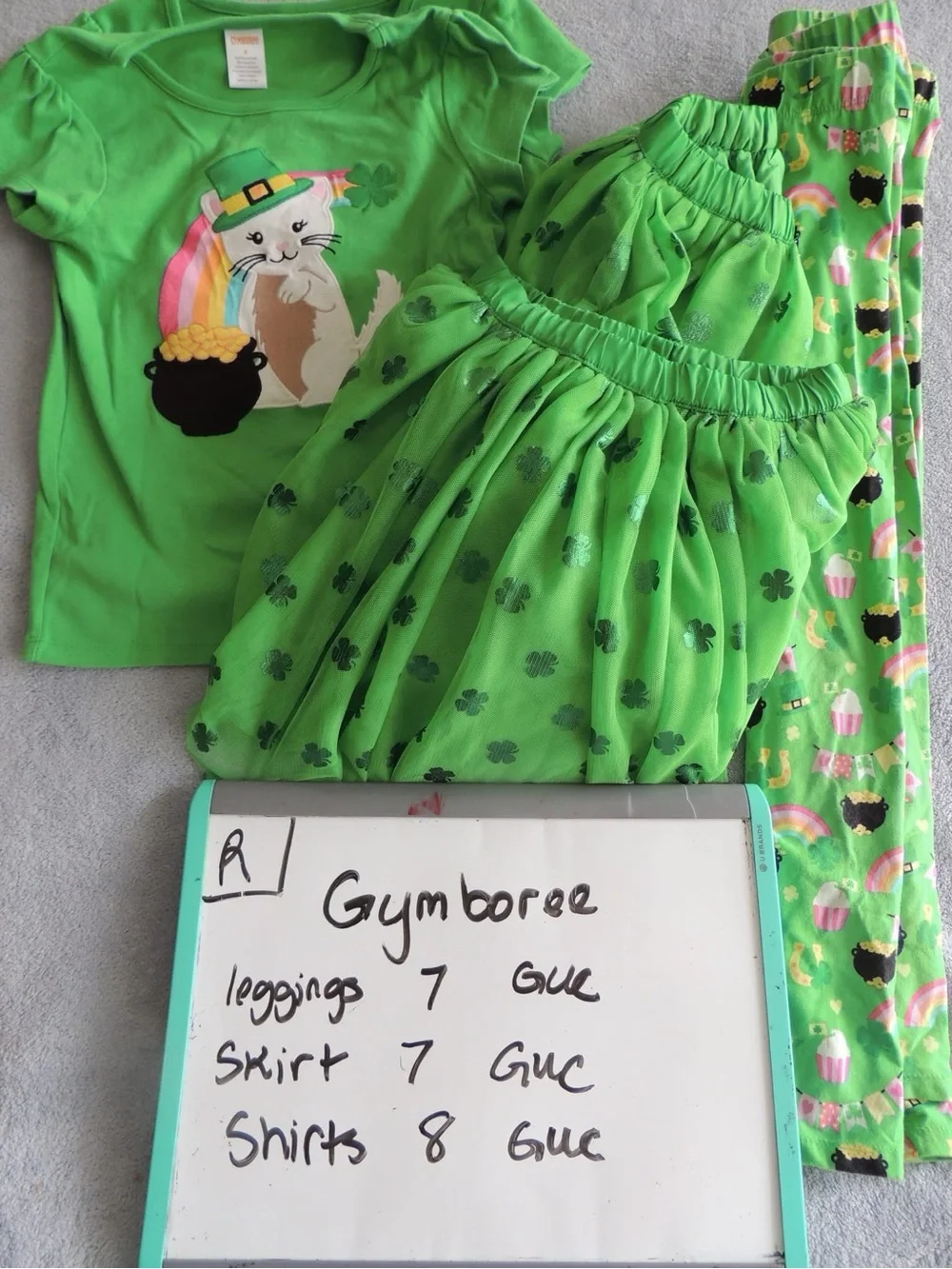 Gymboree Bright Green Cat & Rainbow Tee Shamrock Skirt Printed Leggings twin set